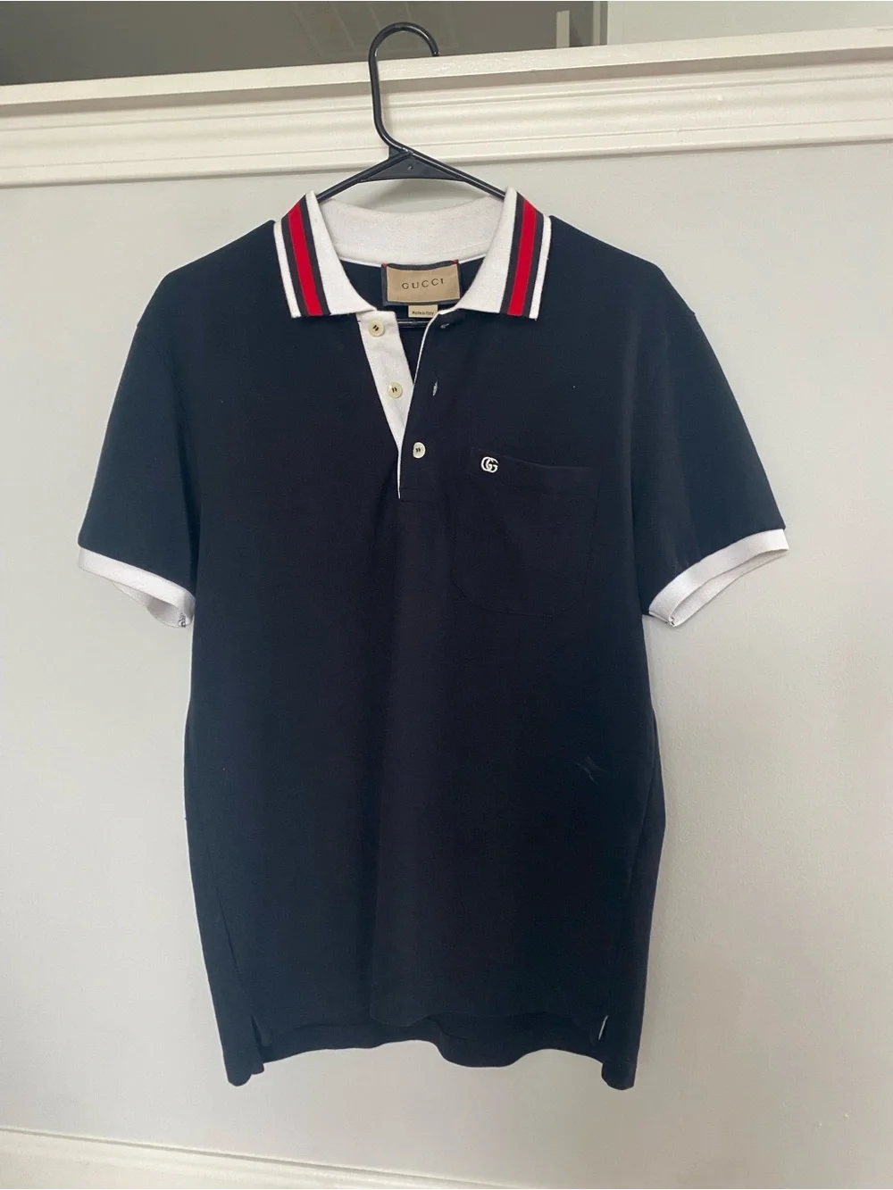 Gucci Black Polo with White Trim and Red-Black Stripe Collar